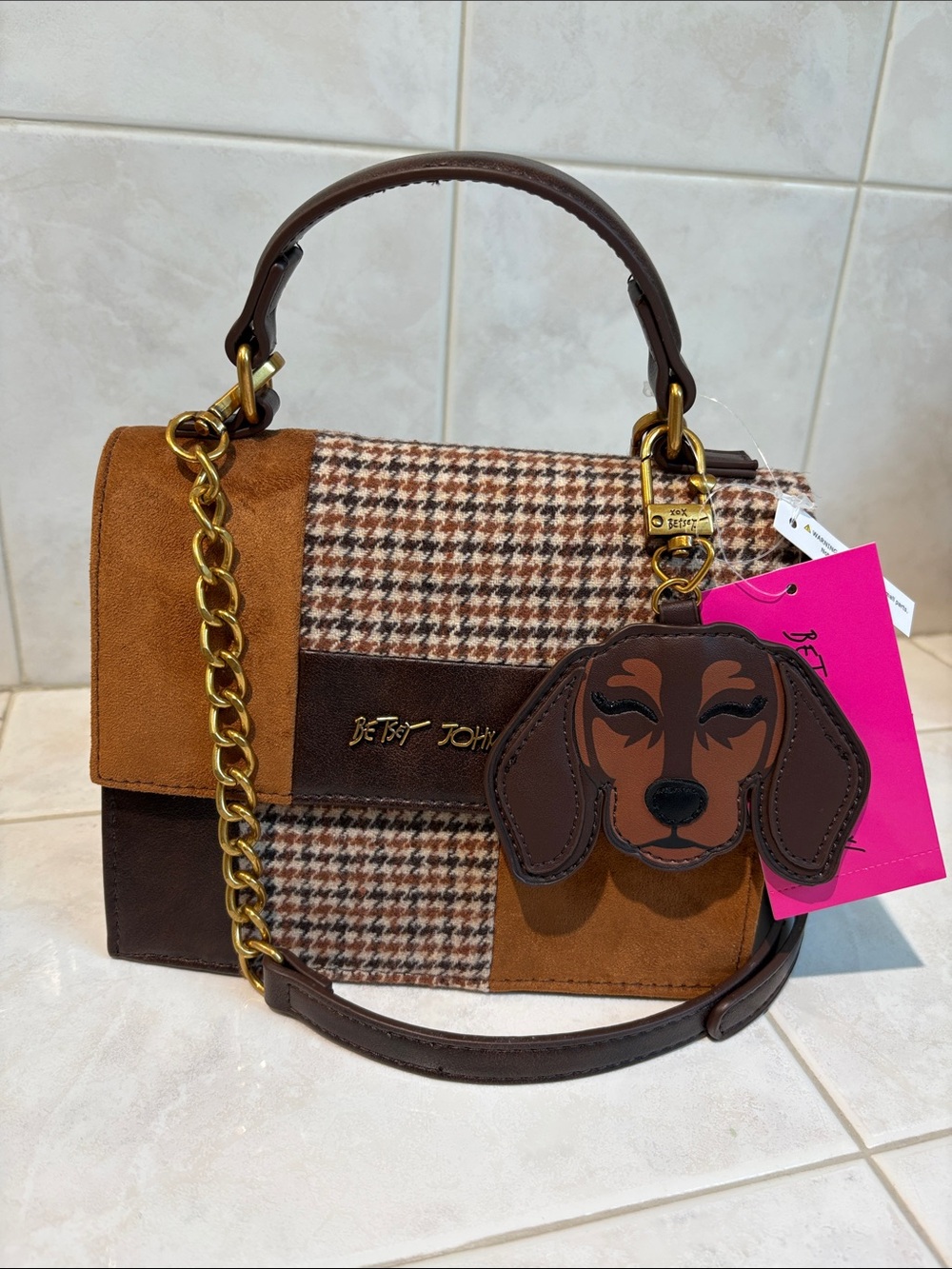 Betsey Johnson Brown Suede & Houndstooth Satchel/Crossbody Bag with Dog Charm